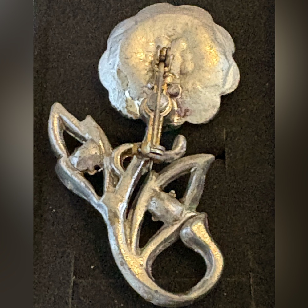 Vintage Art Nouveau Style Pewter Flower Brooch | Aqua Rhinestones - Picture 3 of 4